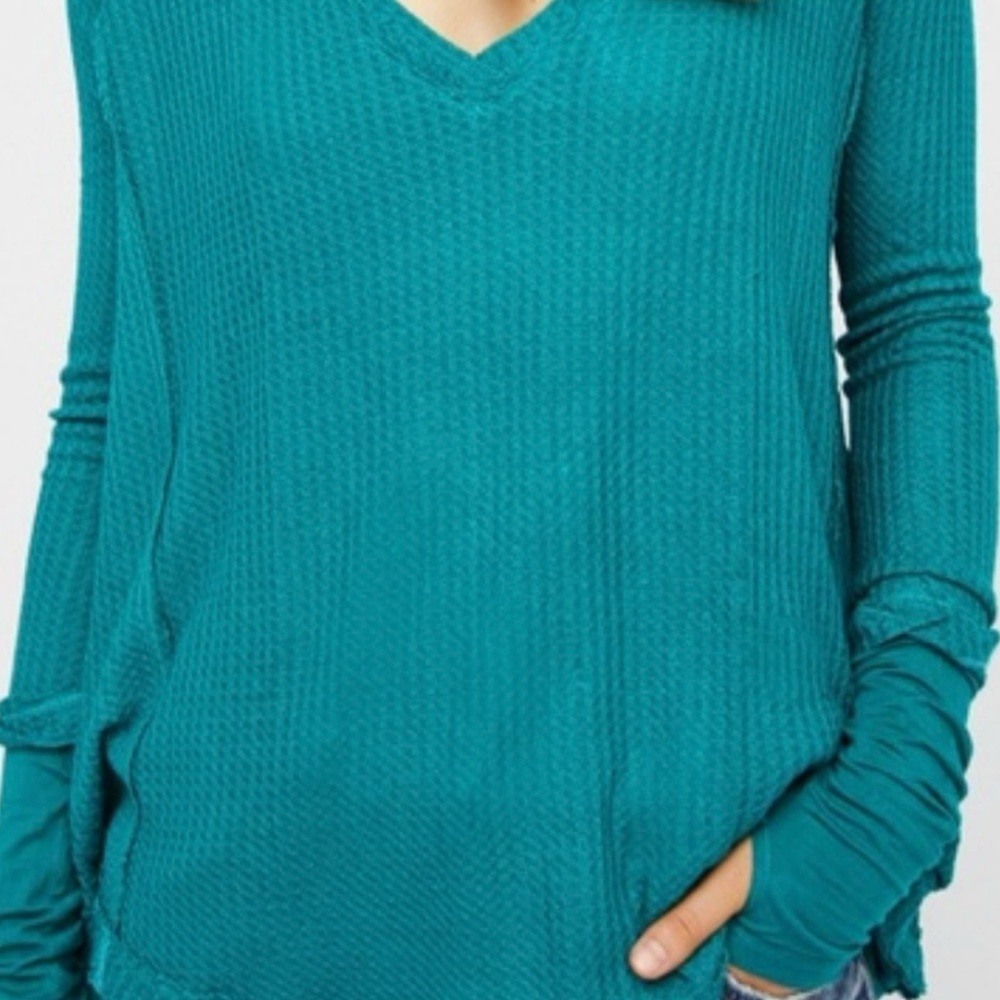 We The Free Teal Waffle Knit Long Sleeve Thumbhole Shirt Top